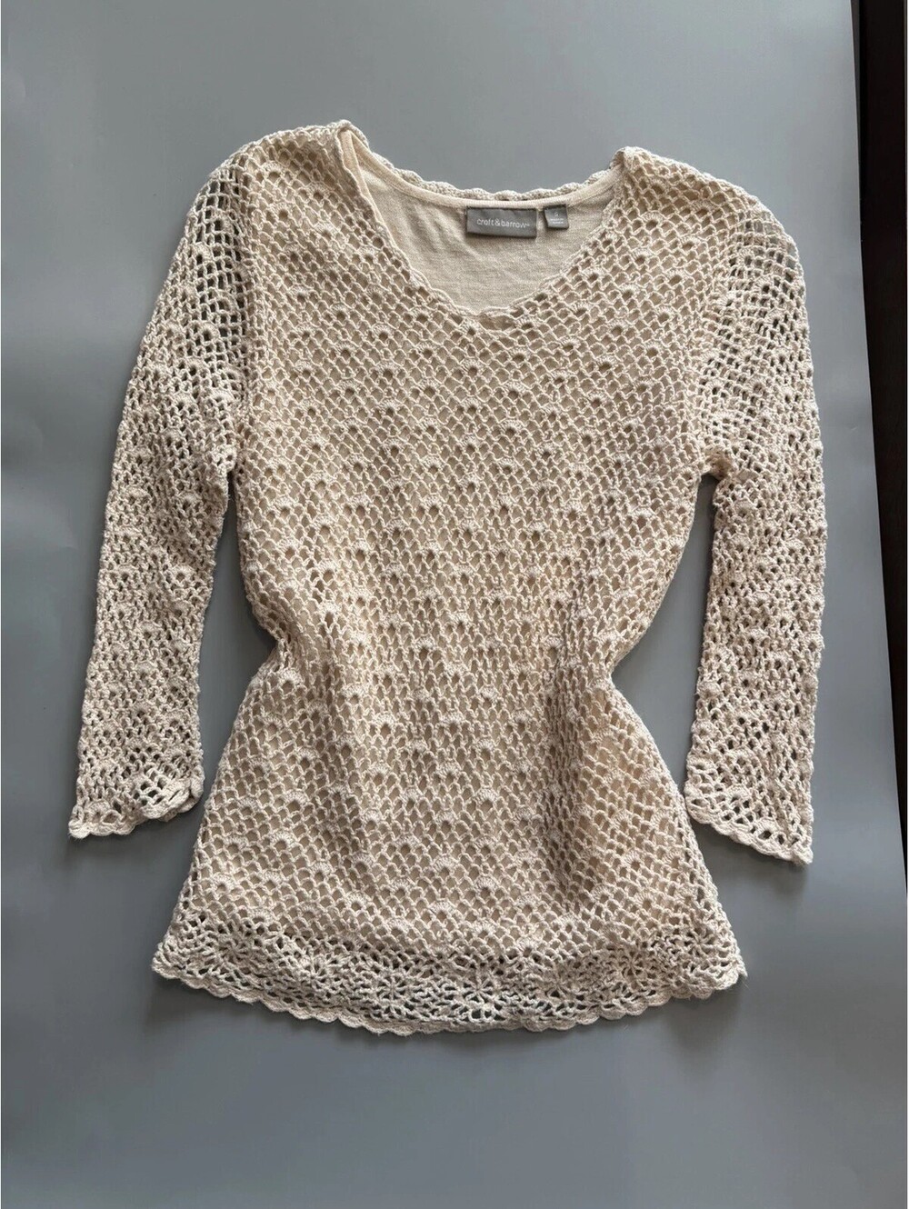 Croft And Barrow Cream Crochet Lined 3/4 Sleeve Top Boho Hippie Cottage Small